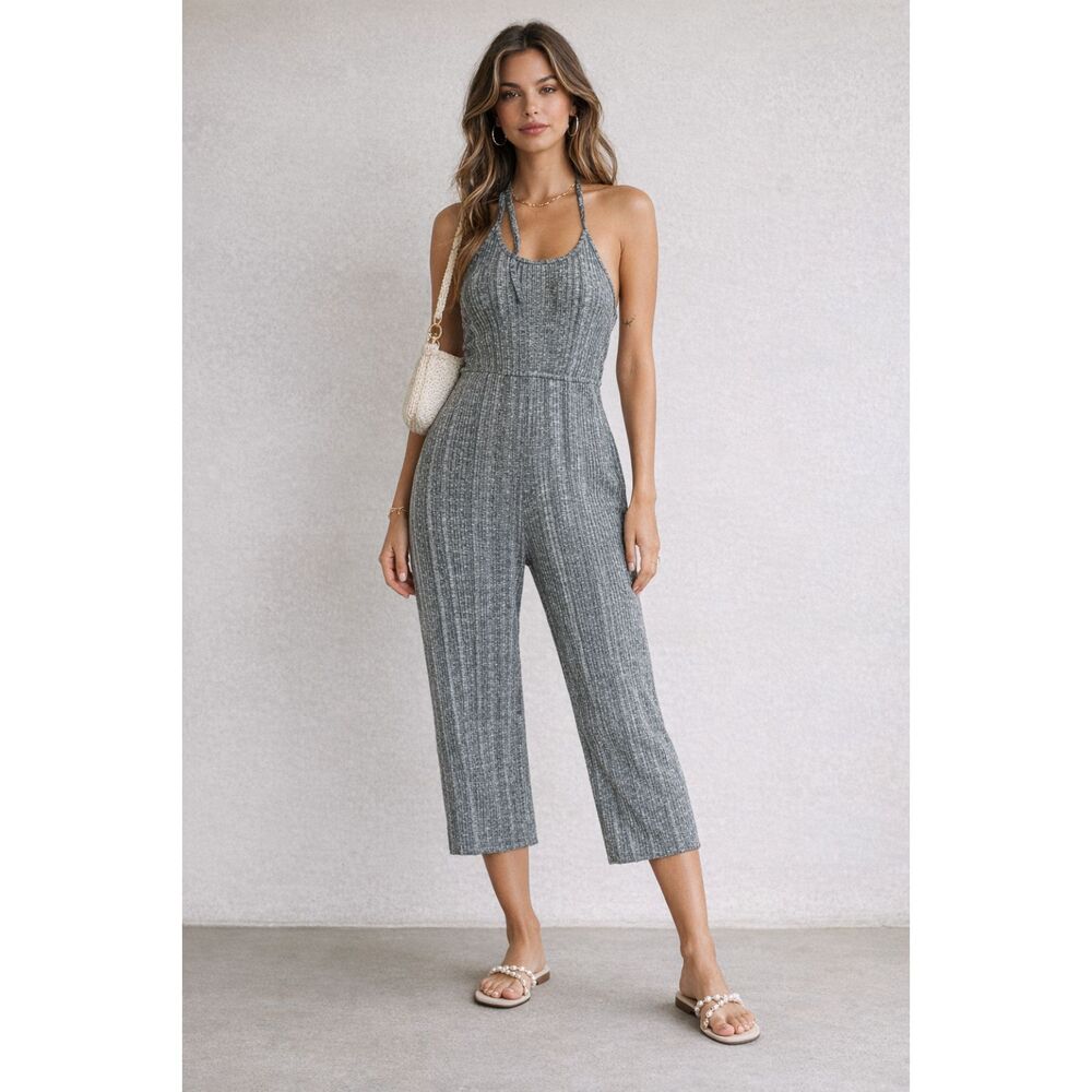 Urban Outfitters Holly Ribbed Knit Tie Halter Gray Jumpsuit Size XS